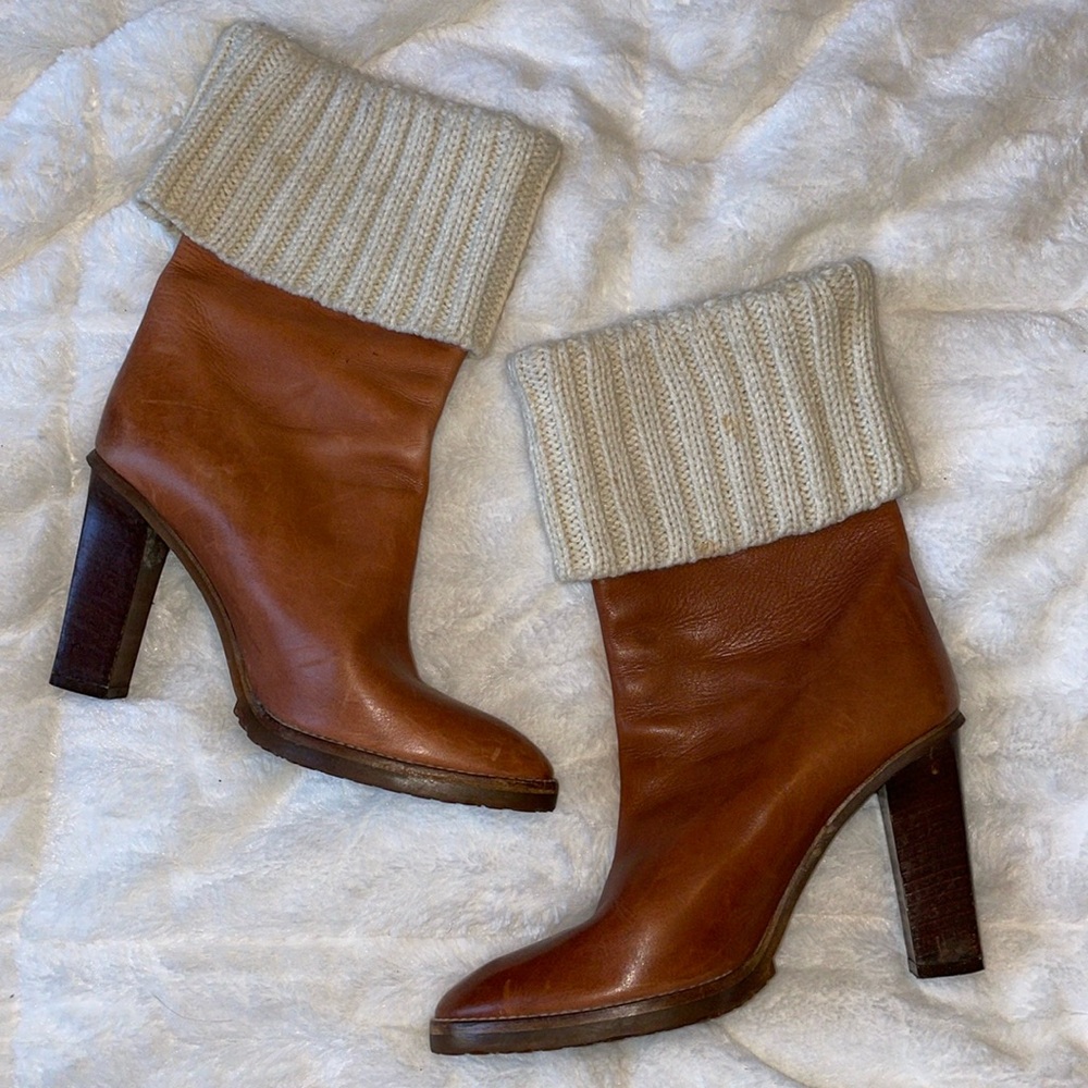 MICHAEL KORS LEATHER KNIT SWEATER MID CALF BOOTS